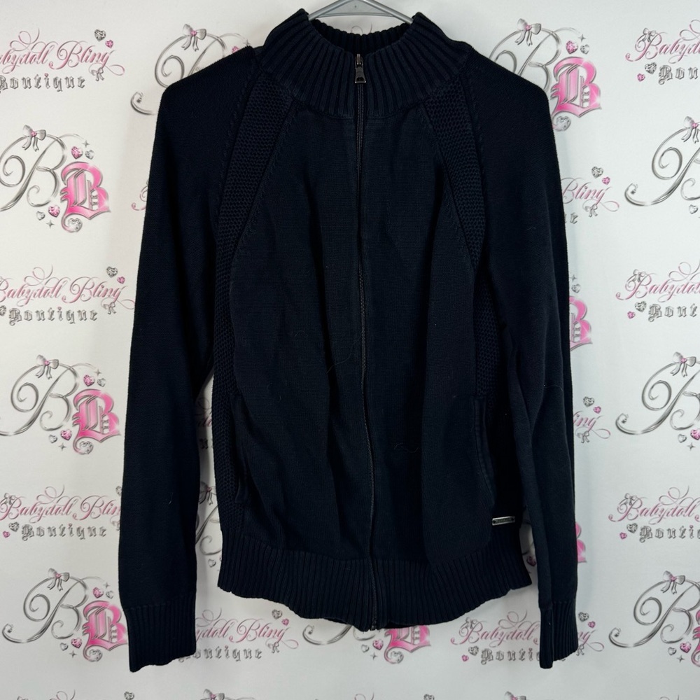 Guess sweater zip up cable knit knitted warm cozy Black Textured Knit Sweater